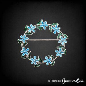 Vintage Beau Sterling Forget Me Not Blue Flowers Round Wreath Brooch Pin